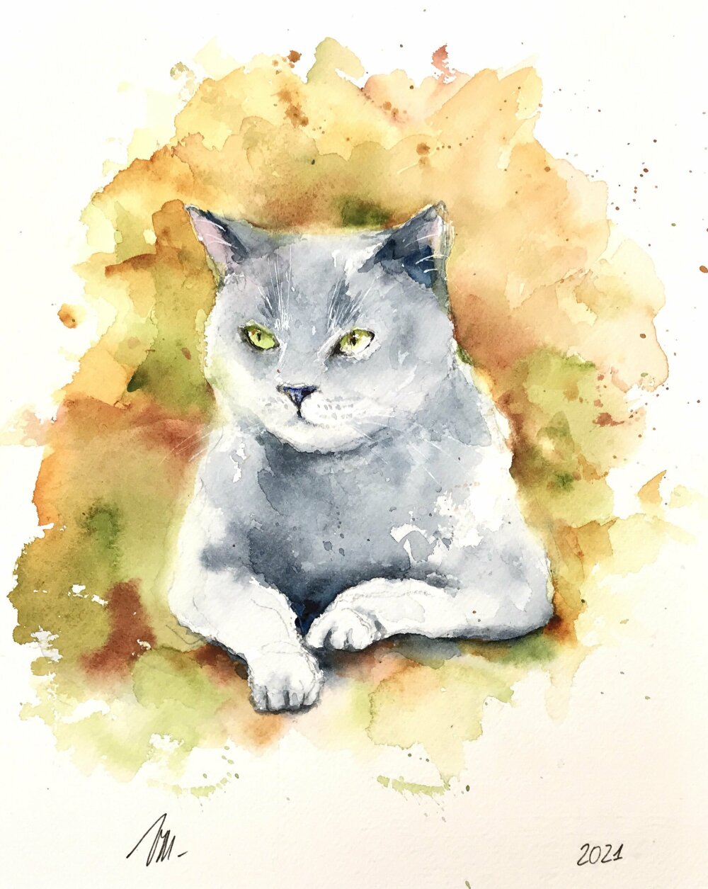 Peinture De Chat Gris British Shorthair Aux Yeux Verts Peinture Aquarelle Originale Art Mural Chat Cadeau Sur Theme Des Chats Un Grand Marche