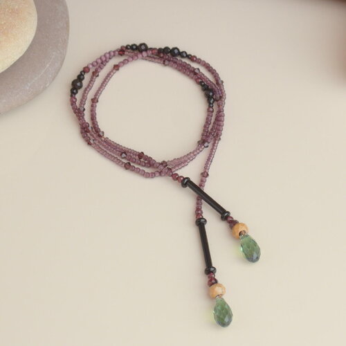 Collier lariat végétal en perles naturelles d’onyx &amp; cristal – bijou fait main