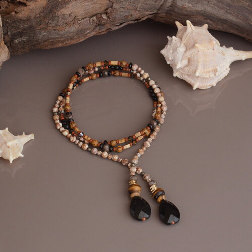 Collier intemporel en perles naturelles &amp; gouttes d’obsidienne – bijou fait main