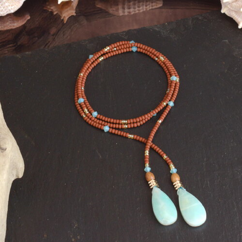 Lasso amérindien en pierre naturelle d’aigue-marine – bijou artisanal et inspiré