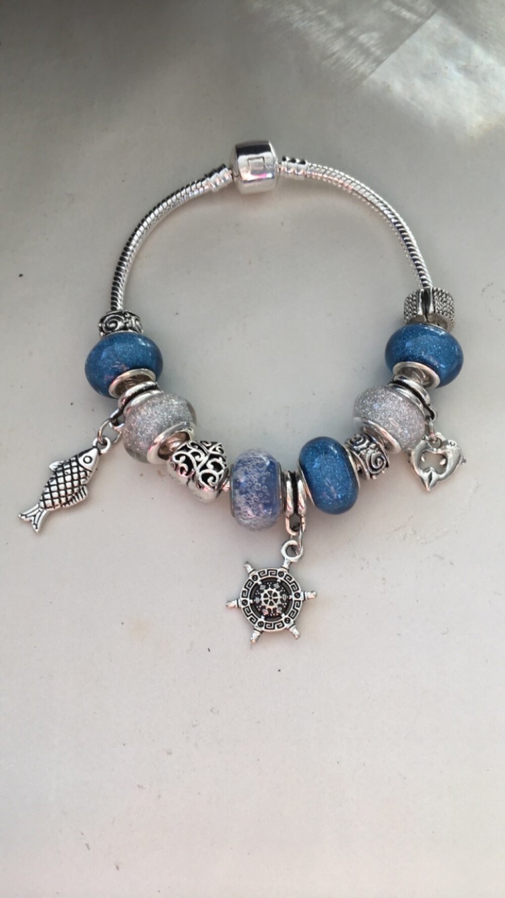 Bracelet souple style pandora 20 cm avec perles européennes bleu