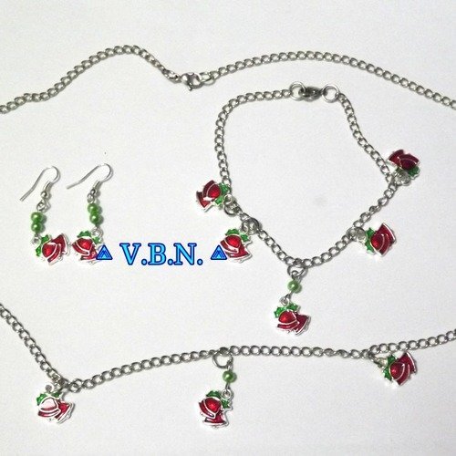 Parure pour noël avec 3 pièces inoxydable collier, bracelet  et boucles d'oreilles, avec breloques cloches de noel rouge 