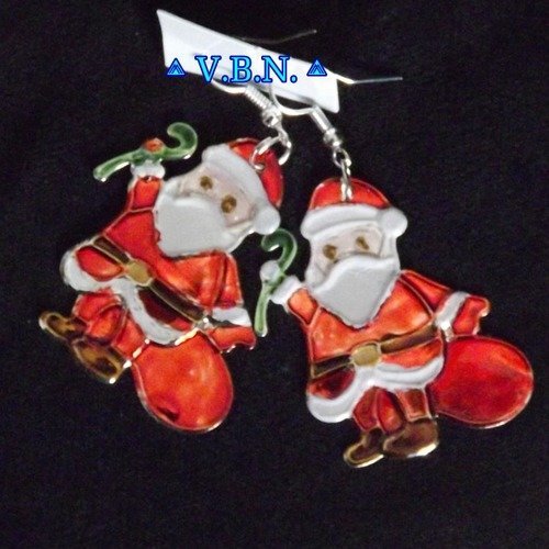 Boucles d'oreilles pour noël métal argenté avec père noël peint à la main
