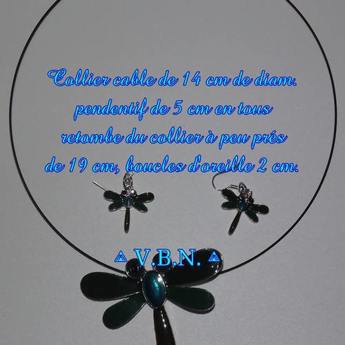 Parure collier cable et boucles d'oreilles avec libellule vert d'eau emeraude 