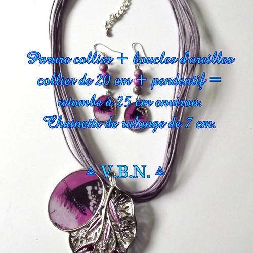 Parure collier fils et boucles d'oreilles papillon violet 