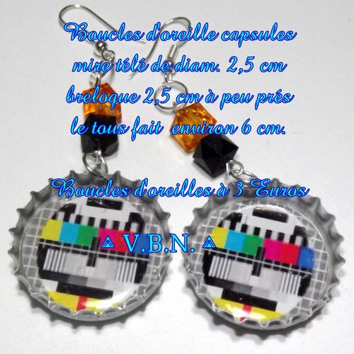 Boucles d'oreille capsule avec image mire couleur, breloque avec perles noir et orange en acrylique 