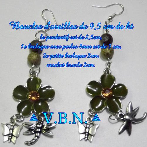 Boucles d'oreilles fleur kaki perles starbust gris taupe de 8mm de diam. plus petite breloque libellule et papillon 
