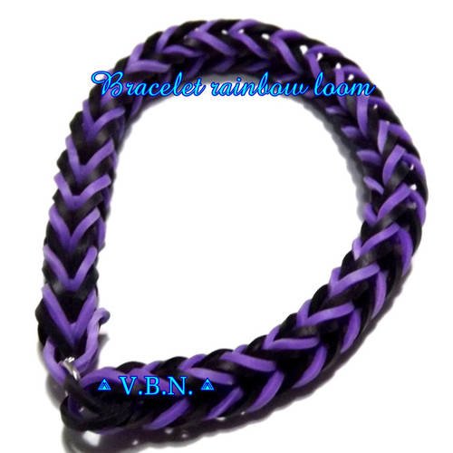 Bracelet élastique raimbow loom fait main noir et violet 