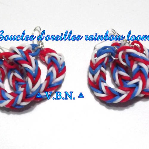 Boucles d'oreilles élastique raimbow loom fait main bleu-blanc-rouge aux couleurs de la france, luxembourg, pays bas, et royaume