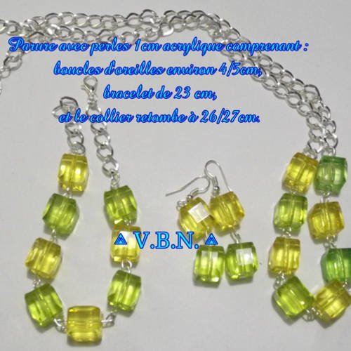 Parure collier chaîne, perles acrylique de 1 cm, de couleur vert et jaune 