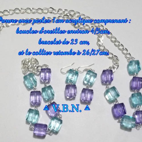 Parure collier chaîne, perles acrylique de 1 cm, de couleur bleu et turquoise 