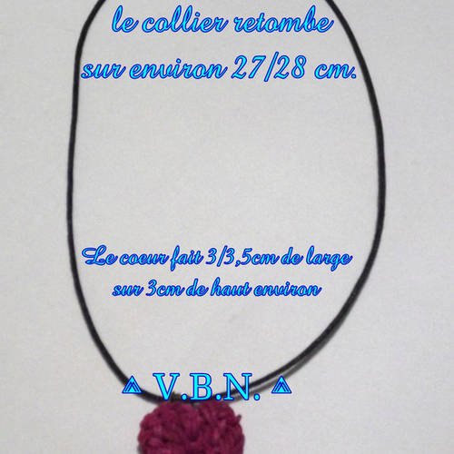 Collier cordon cire noir coeur bordeaux / mauve fait avec les elastiques, rainbow loom 