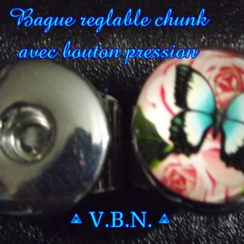 Bague reglable metal argente chunk avec bouton pression fleur et papillon