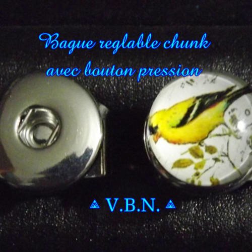 Bague reglable metal argente chunk avec bouton pression oiseau jaune