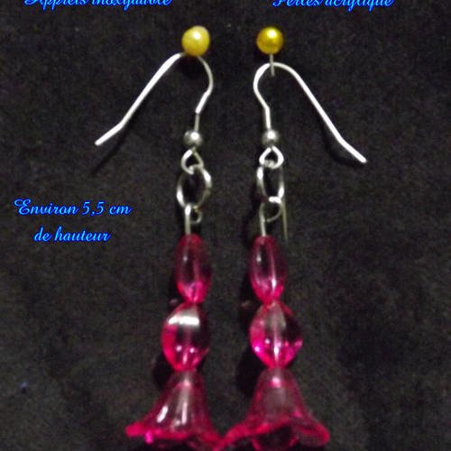 Boucles d'oreilles avec apprets inoxydable et perles acrylique rose fuchsia 