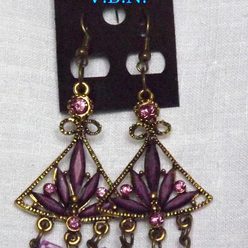 Boucles d'oreilles bronze et violine avec petites perles acrylique de 8mm 