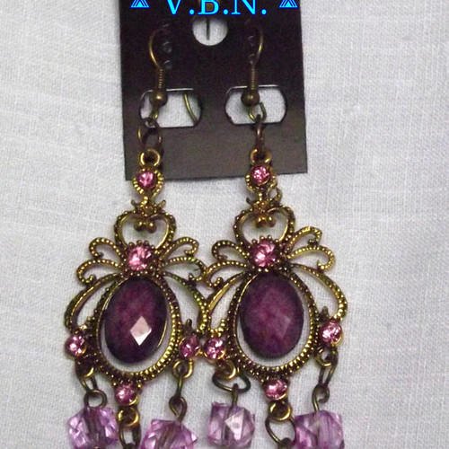 Boucles d'oreilles bronze et violine avec petites perles acrylique de 8mm 