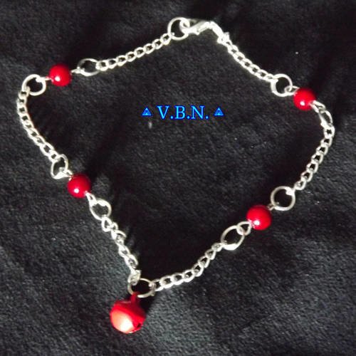 Chaines de chevilles métal argenté avec perles et clochettes de 6mm rouge
