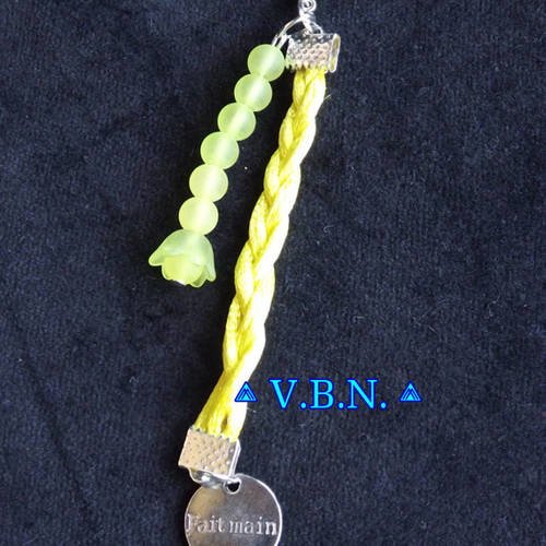 Charms bijoux de sac cordon jaune tressé et fleur avec perles de 6 mm