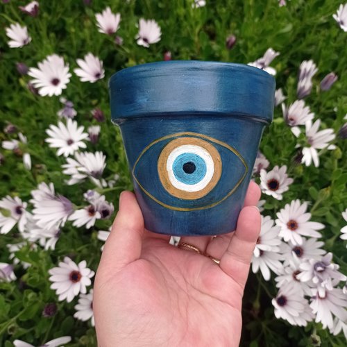 Pot de fleurs en terre cuite mauvais œil peint à la main protection maison peinture oeil porte bonheur idée cadeau œil grec
