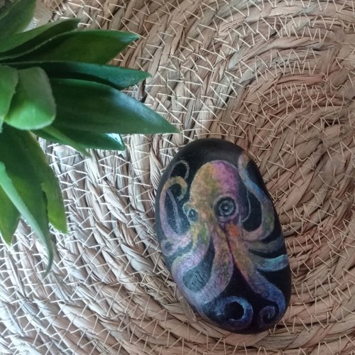 Galet peint poulpe animaux pierre cailloux décoratif cadeau maîtresse fête des mères peinture sur galet poulpe