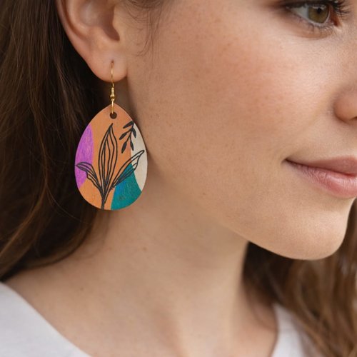 Boucles en bois goutte bijou peint à la main bijoux boucles d'oreilles en bois, cadeau unique femme