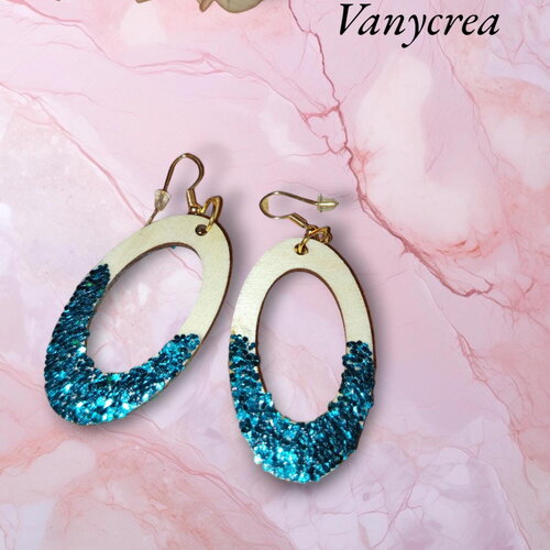 Boucle d'oreille bijoux en bois boucles d'oreilles en bois avec paillettes bleues/vertes bijoux unique cadeau pendante
