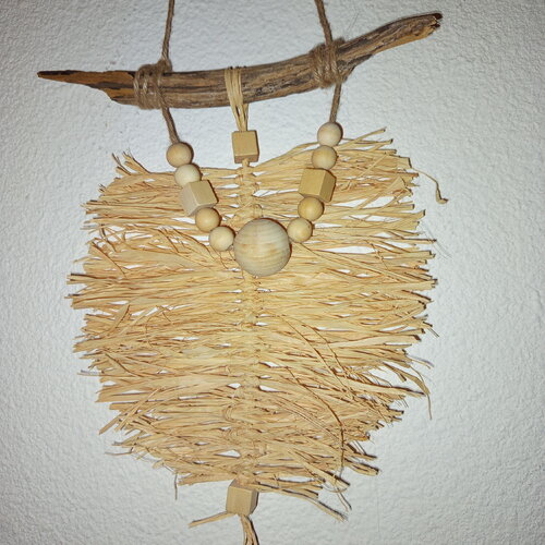 Décoration murale bohème en raphia chic déco naturelle ethnique cadeau noël déco nature plume raffia bois flotté perles en bois