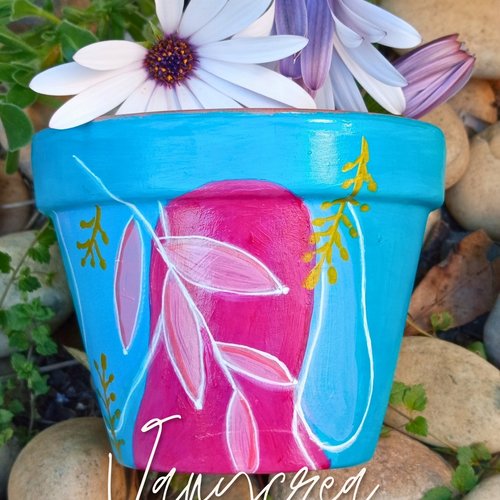 Pot de fleur en terre cuite recyclé peint à la main pot décoré coloré cache-pot, pot terre cuite customisé cadeau pot argile cadeau
