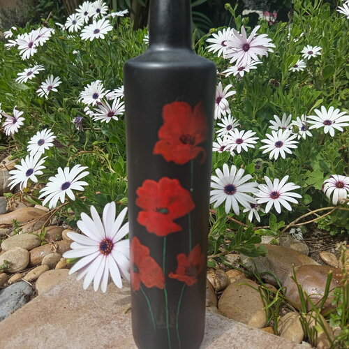Bouteille coquelicots peinture coquelicot verre peint à la main bouteille décorative recyclée vase cadeau