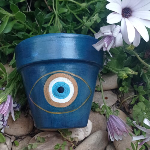 Pot de fleur œil de protection maison mauvais œil grec peint à la main cache-pot plante extérieur intérieur pot décoré terracotta