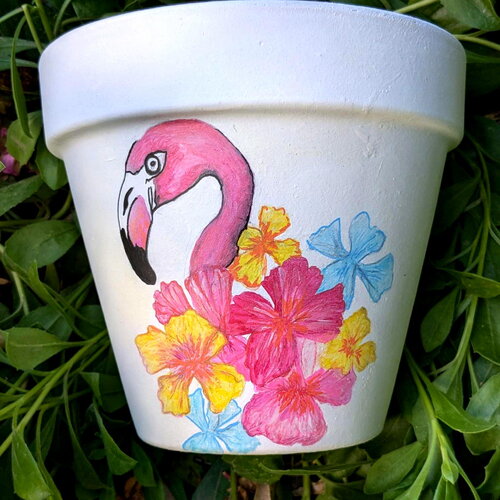 Gros pot de fleurs en terre cuite recyclé peint à la main motif floral flamand rose gros pot terracota jardin extérieur pot peint 20 cm