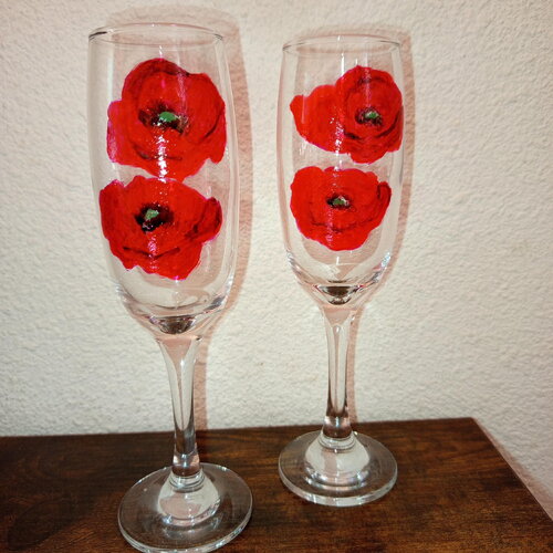 Flutes à champagne peintes à la main coquelicots cadeau mariage anniversaire verre décoré, peinture sur verre