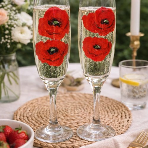 Verres peints à la main flutes à champagne peintes avec des coquelicots, verre décoré, cadeau de mariage, anniversaire