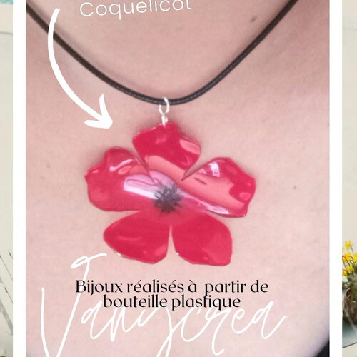 Pendentif collier fleur coquelicot rouge collier écologique recyclage bouteille plastique éco-responsable bijou poétique en bouteille