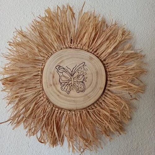 Décoration murale raphia déco bohème bois naturel couronne paille chic déco bali ethnique 35 cm cadeau nature unique cercle raffia