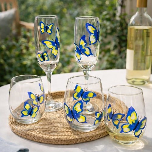Flutes à champagne peintes à la main papillons cadeau mariage anniversaire verre décoré, peinture sur verre