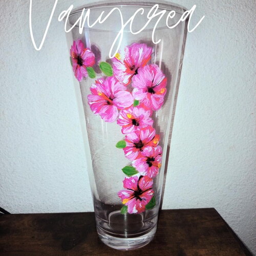 Vase fleurs hibiscus rose en verre peint à la main. décoration de mariage / cadeau unique, peinture sur verre décoration maison idée