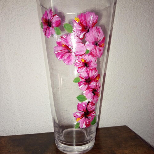 Vase fleurs hibiscus rose en verre peint à la main. décoration de mariage / cadeau unique, peinture sur verre décoration maison idée