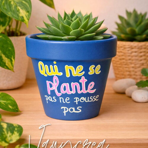 Pot de fleur en terre cuite peint à la main cache pot bleu cadeau cache-pot plante extérieur intérieur pot décoré décoration pot mots