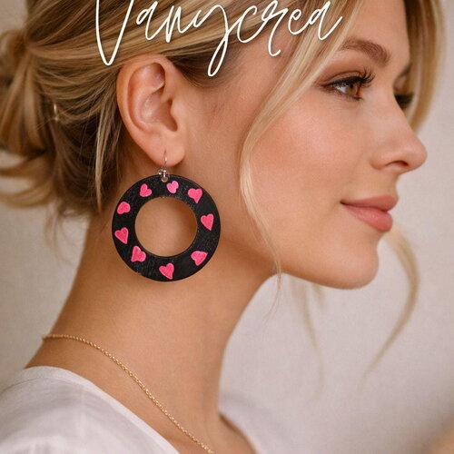 Boucle d'oreille design coeurs ou vagues grandes créoles noires peintes à la main, légères, bijoux en bois femme, bijoux fantaisie