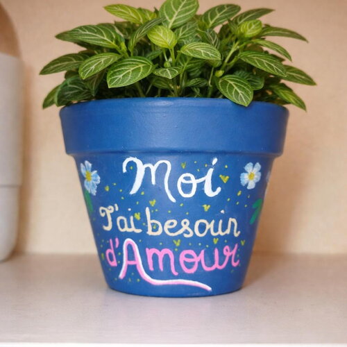 Pot de fleur en terre cuite peint à la main cache pot bleu cadeau cache-pot plante extérieur intérieur pot décoré décoration pot mots