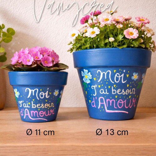 Pot de fleur en terre cuite peint à la main cache pot bleu cadeau cache-pot plante extérieur intérieur pot décoré décoration pot mots