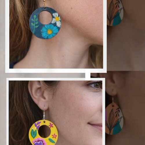 Bijoux fait main boucles d'oreilles bohèmes fleuries peintes à la main boucle d'oreille jaune en bois légère femme bijou pour elle