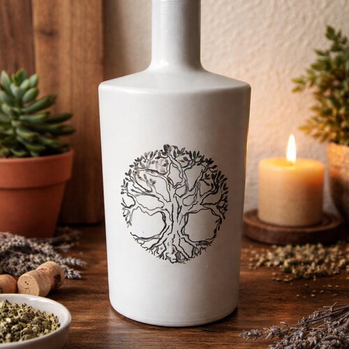 Bouteille en verre peinte à la main motif arbre de vie carafe cadeau bouteille décorative recyclée déco vaisselle table de fête