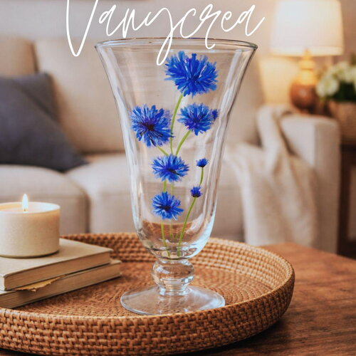 Vase en verre peint à la main - motif fleurs bleues bleuets – cadeau pour elle - déco élégante, artisanale - cadeau mère