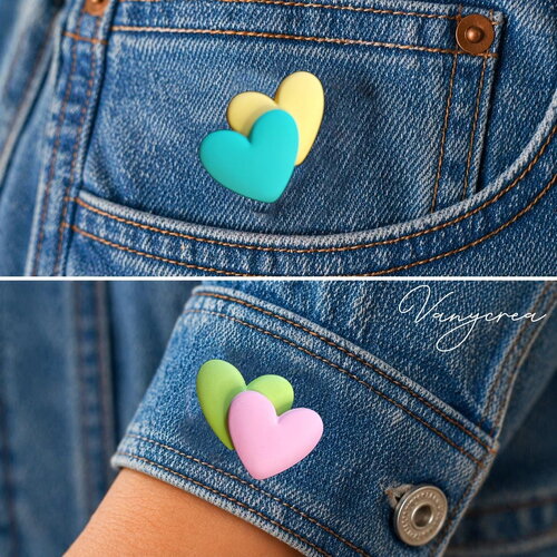 Broche double coeur fantaisie, épingle colorée, badge, pins, clip, accessoire de mode aux couleurs fun et pop cadeau amitié, mère...