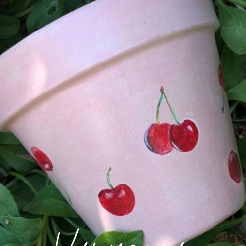 Grand pot de fleur exterieur en terre cuite peint à la main cache pot rose décoré cerises pot de plante pour jardin ou intérieur pot