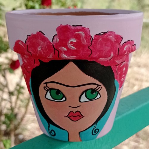 Pot de fleurs en terre cuite peint à la main inspiration frida kahlo