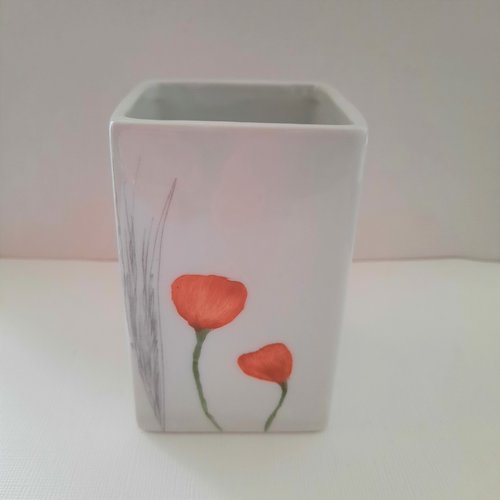 Vase carré coquelicot porcelaine peint main